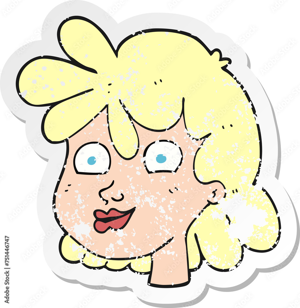 retro distressed sticker of a cartoon female face retro distressed sticker of a cartoon female face