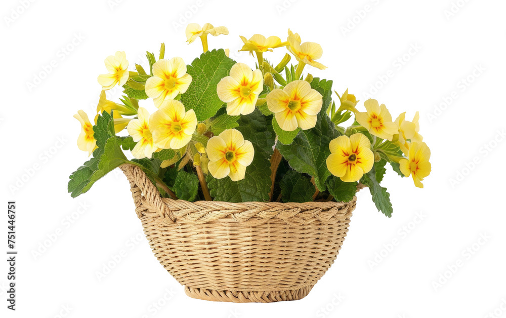 Scalloped rattan pot cradling a primrose isolated on transparent Background