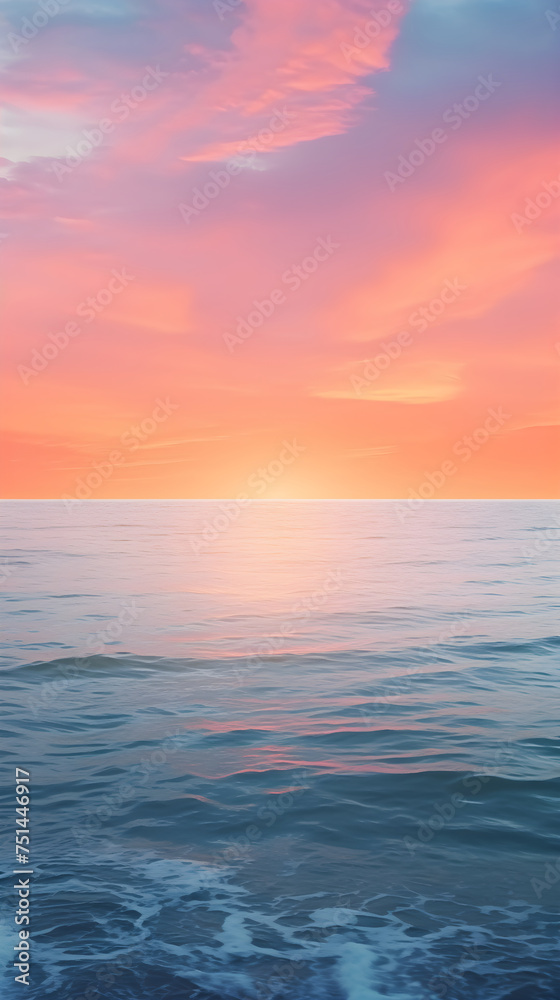 Tranquil Dusk: Serene Ocean View with Orange Sun Setting Over Majestic Horizon, an Anchored Boat, and Frothy Waves Caressing the Sandy Shore