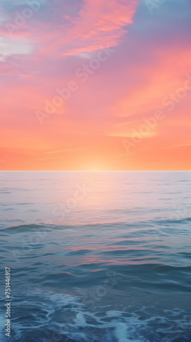 Tranquil Dusk: Serene Ocean View with Orange Sun Setting Over Majestic Horizon, an Anchored Boat, and Frothy Waves Caressing the Sandy Shore
