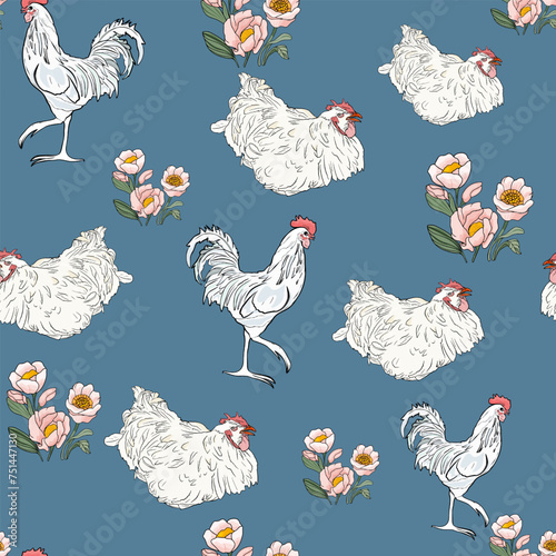 Rooster and chicken realistic seamless illustration and delicate bouquet of flowers. Poultry farm pattern Print for wrapping paper. textiles, preparation for designers