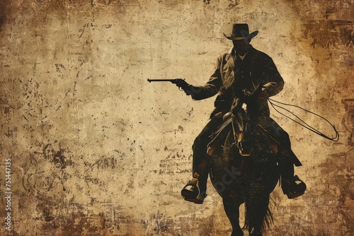 A man in a cowboy hat is riding a horse and holding a gun