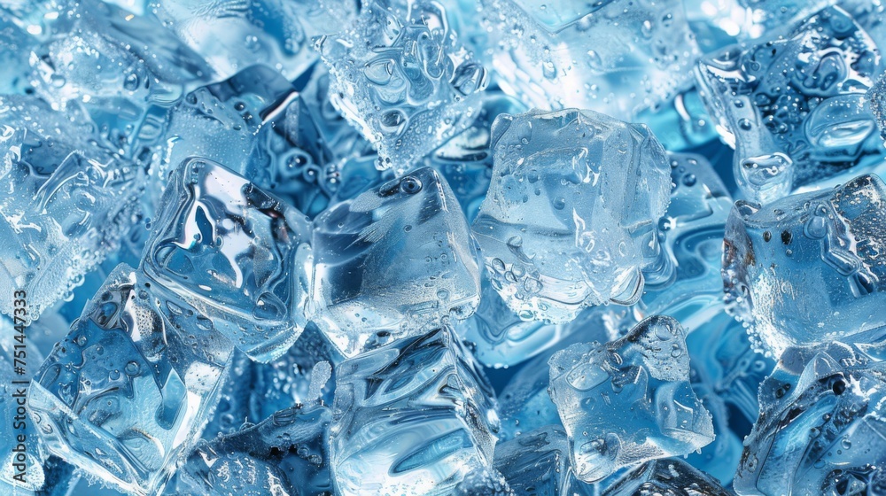 Close-up photograph capturing the crystal-clear texture of ice cubes, with light refracting through their translucent surface Close-up photograph capturing the crystal-clear texture of ice cubes, with light refracting through their translucent surface