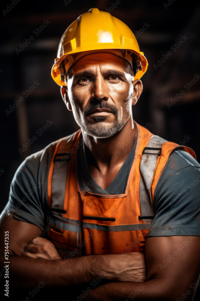 Determined Miner with Intense Gaze Wearing Safety Harness and Helmet in a Mining Shaft. Determined Miner with Intense Gaze Wearing Safety Harness and Helmet in a Mining Shaft.