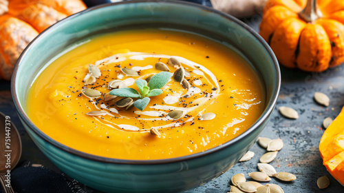 A bowl of creamy pumpkin soup with toasted seeds