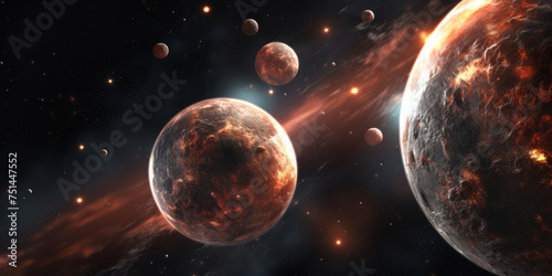 Planetary collision in outer space scene with fiery debris and multiple moons. photo