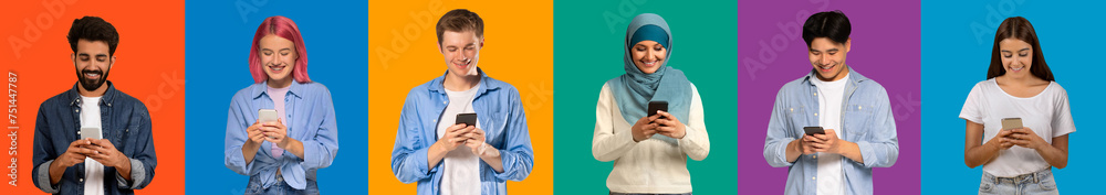 An array of six cheerful individuals engrossed in their smartphones, displaying An array of six cheerful individuals engrossed in their smartphones, displaying