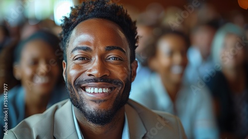 Man With Beard Smiling in Front of a Group of People