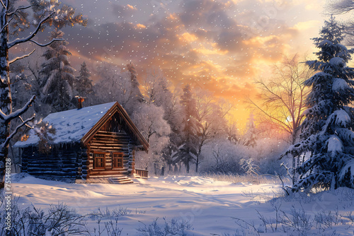 a log cabin in the snow © White
