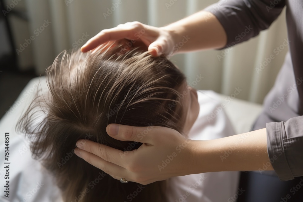 A trichologist examines the patient's hair on the crown of his head. A trichologist examines the patient's hair on the crown of his head.
