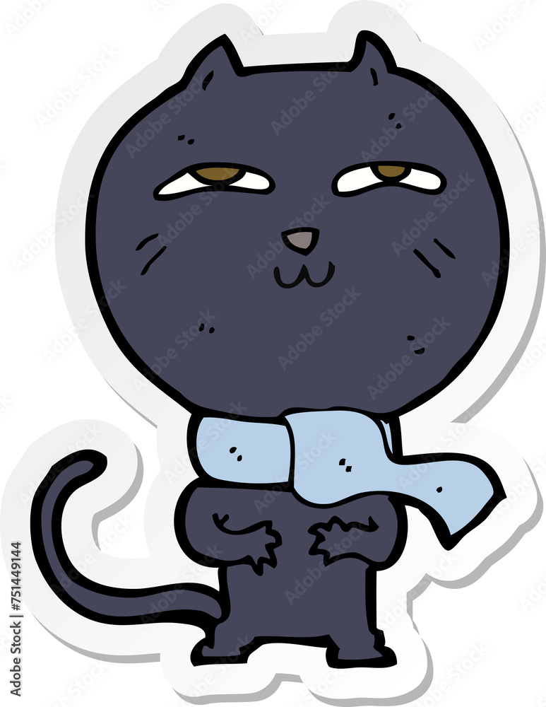 Obraz premium sticker of a cartoon funny cat wearing scarf