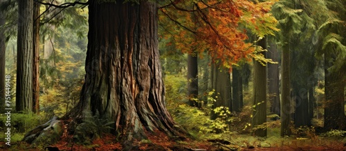 A painting depicting a dense forest filled with an abundance of trees, each one uniquely detailed. The trees stand tall, their textured bark and colorful foliage creating a vibrant scene. photo