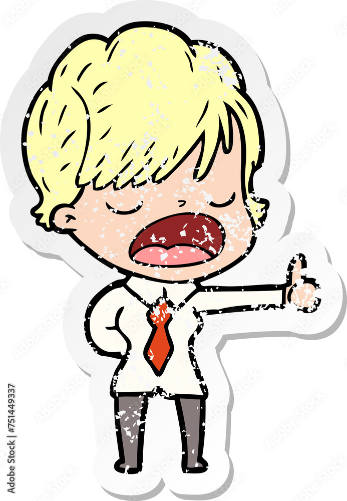 distressed sticker of a cartoon woman talking distressed sticker of a cartoon woman talking