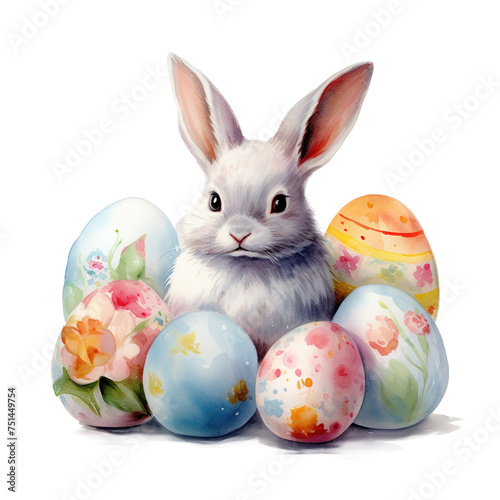 Watercolor Easter Bunny with Colorful Eggs © Tony A