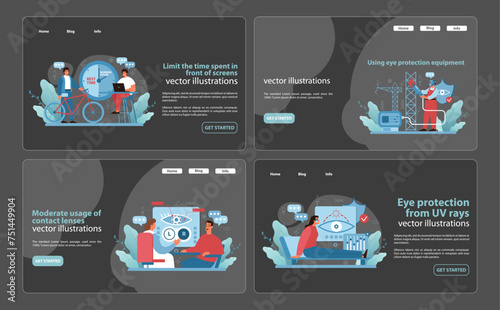 Vision Care Digital Banners Set. Illustrative web banners promoting screen time moderation.
