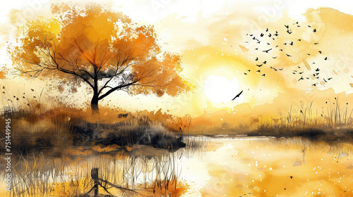 landscape in Yellow Ochre watercolor style 