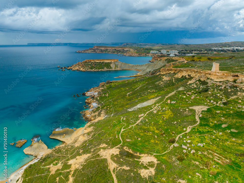 Drone view of Maltese nature landscape, stormy sky