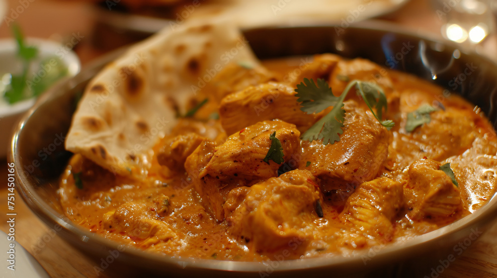 A bowl of spicy chicken curry with naan bread