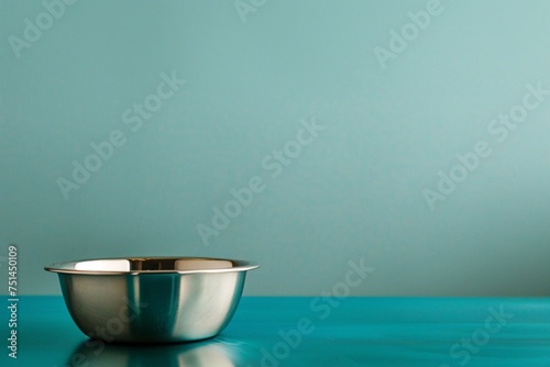 a silver bowl on a blue surface