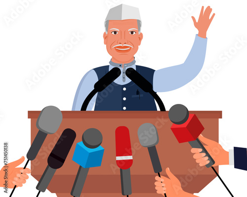 Indian Politician candidate Giving Speech During Election Campaign in front of Journalists vector illustration.