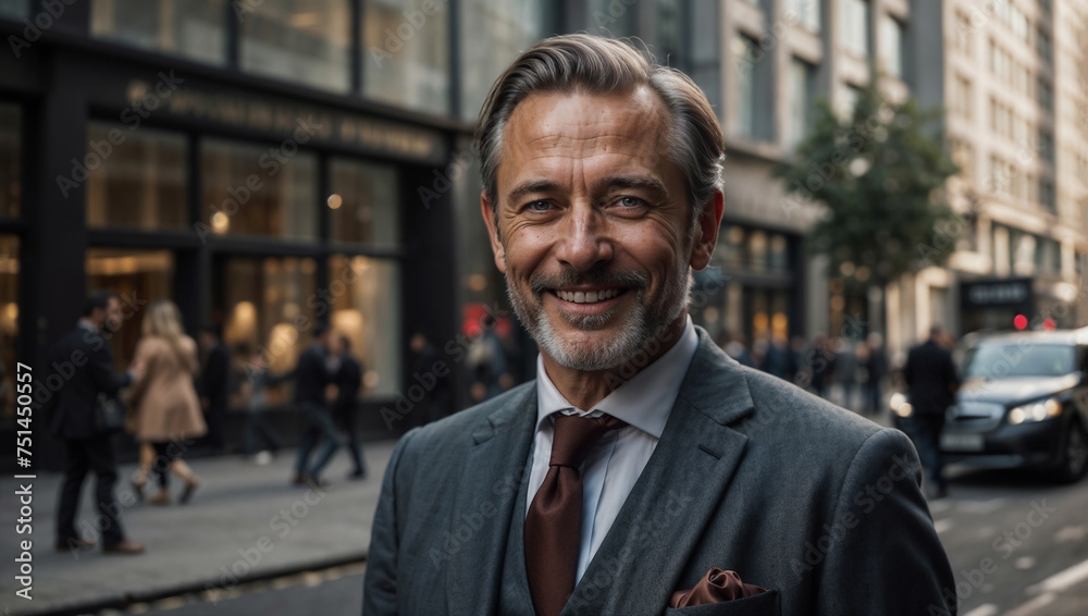 Elegante uomo di 50 anni che lavora nel distretto finanziario di Londra sorridente prima di iniziare la giornata di lavoro