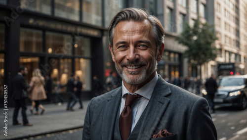 Elegante uomo di 50 anni che lavora nel distretto finanziario di Londra sorridente prima di iniziare la giornata di lavoro © Wabisabi