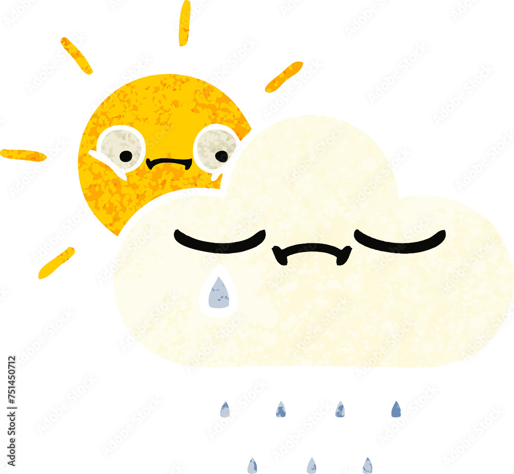 retro illustration style cartoon sunshine and rain cloud retro illustration style cartoon sunshine and rain cloud