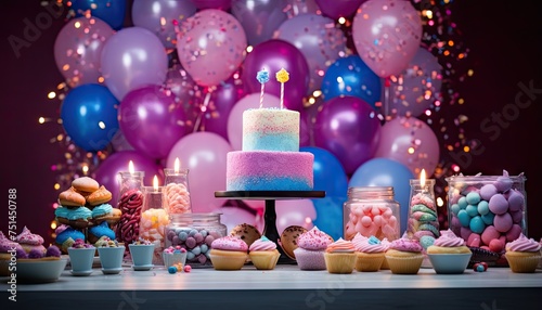 A table is filled with a colorful cake and numerous cupcakes, likely for a childs birthday celebration. The cupcakes are decorated in various colors and designs, creating a festive and joyful scene