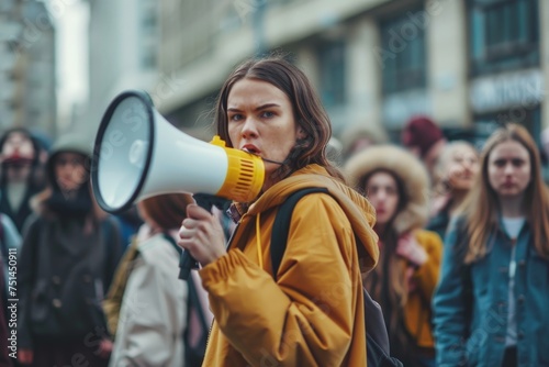 A woman with a megaphone is standing in a crowd of people