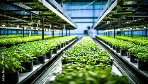 A young scientist in a white coat walks through a large modern greenhouse filled with rows of lush green plants growing in pots on shelves