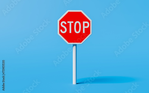 Stop sign standing on blue background. 3d rendering