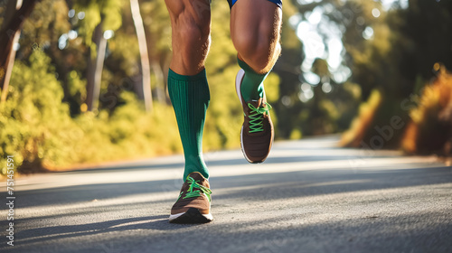 Man run in Green Compression Socks for Cardiovascular Wellness. Generative AI photo