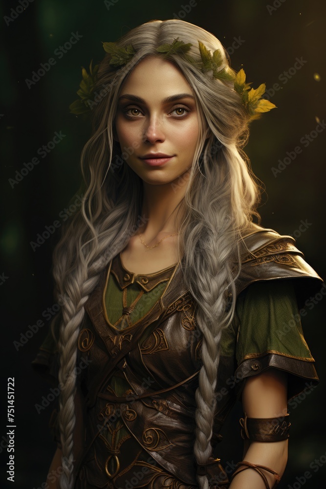 Portrait of a young woman pixie with long gray hair braided. Fantastic character Portrait of a young woman pixie with long gray hair braided. Fantastic character