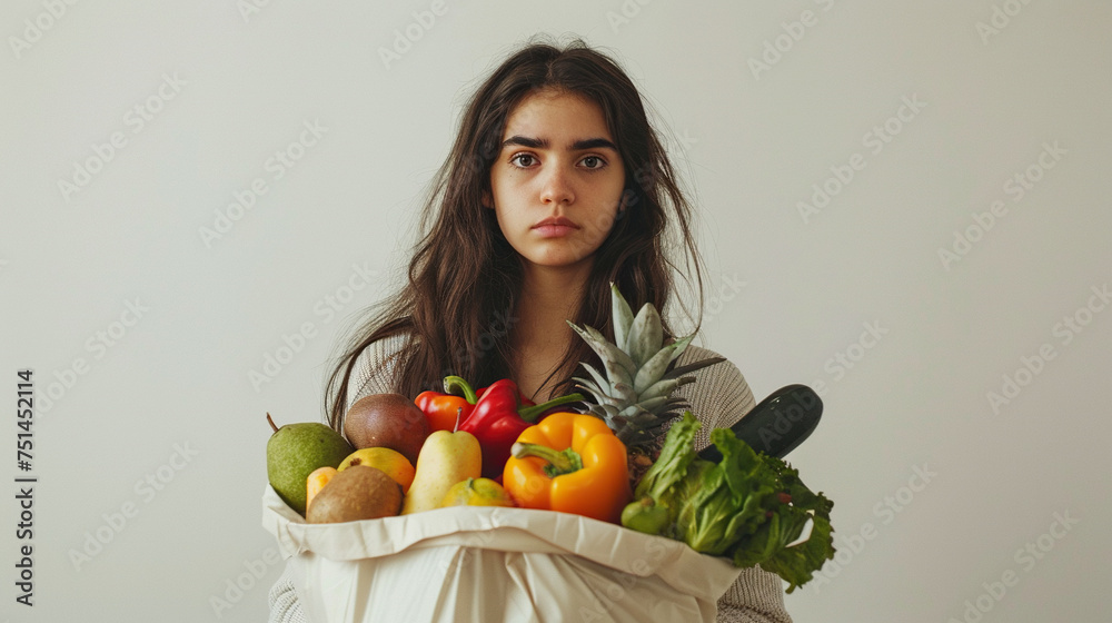 A young woman with a determined expression, confidently holding a grocery bag overflowing with fresh fruits and vegetables, symbolizing her control over her diet and well-being, white background A young woman with a determined expression, confidently holding a grocery bag overflowing with fresh fruits and vegetables, symbolizing her control over her diet and well-being, white background