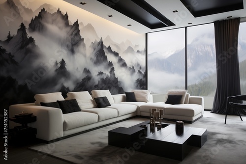 Living room interior with panoramic windows and an image of mountains on the wall, Black and white color scheme