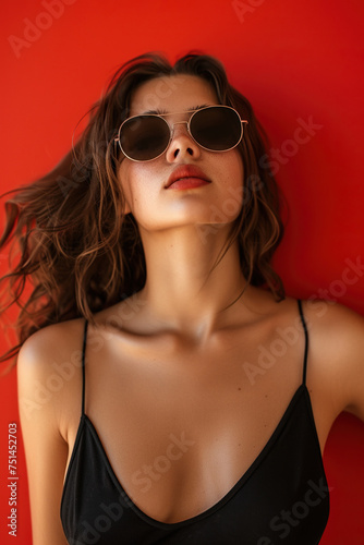 Beautiful young woman in tank swimsuit on red background