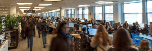 Blurry image of many people in a office