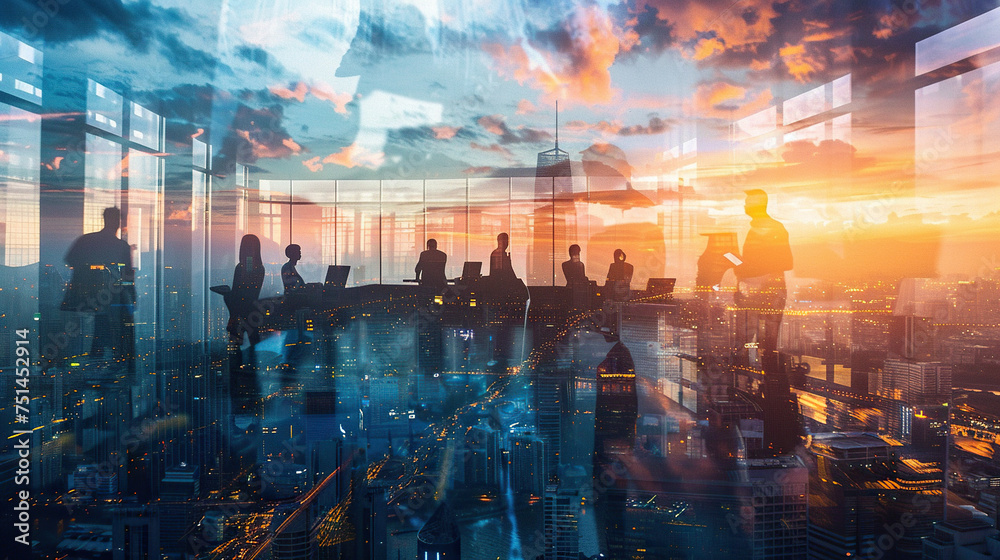 Business group meeting and business deal, double exposure with city skyline and office building in background