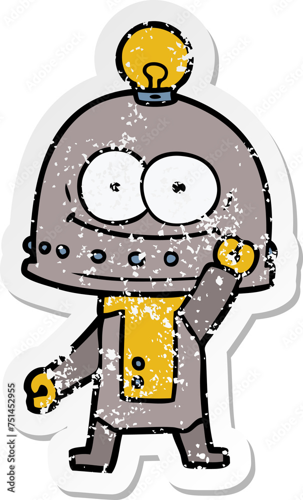 distressed sticker of a happy carton robot with light bulb distressed sticker of a happy carton robot with light bulb