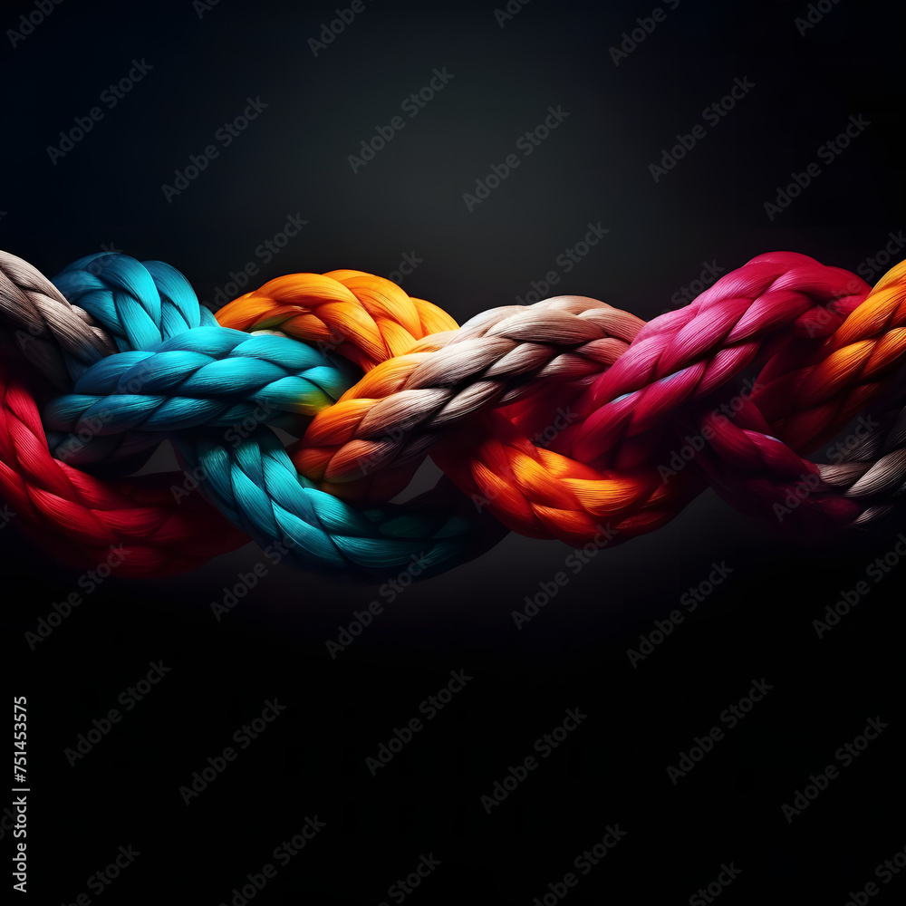 Team rope diverse strength connect partnership together teamwork unity communicate support. Strong diverse network rope team concept integrate braid color background cooperation empower power - obrazy, fototapety, plakaty 