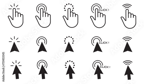 Click here icon set in line style. Hand click  Hand clicking  finger  Touch screen  pointer  cursor  gesture  mouse press push simple black style symbol sign for apps and website  vector illustration.