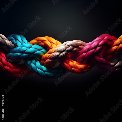 Team rope diverse strength connect partnership together teamwork unity communicate support. Strong diverse network rope team concept integrate braid color background cooperation empower power photo