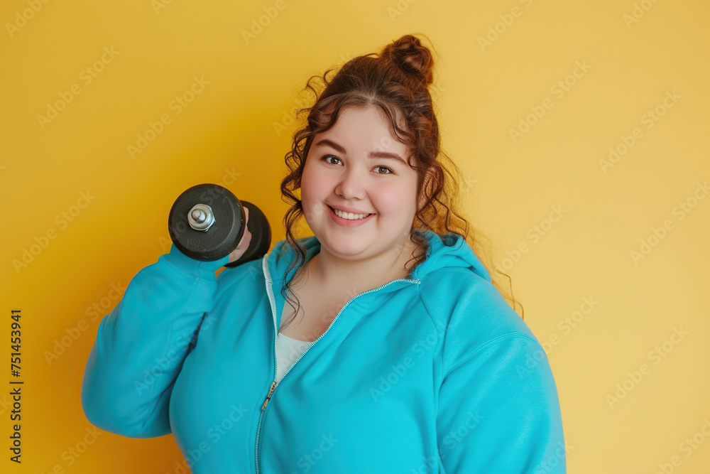 Fototapeta premium Young happy chubby overweight plus size big fat fit Latin woman wear blue top warm up training hold in hand dumbbell look camera isolated on plain yellow background studio home gym. 
