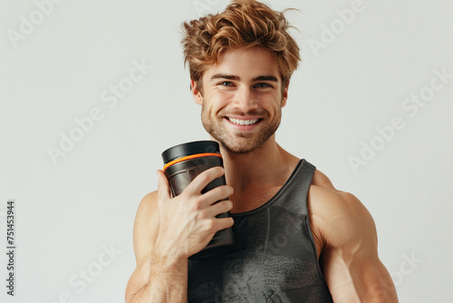 A handsome and healthy man holding a healthy whey protein shaker with a healthy smile, Wear a tank top, white background