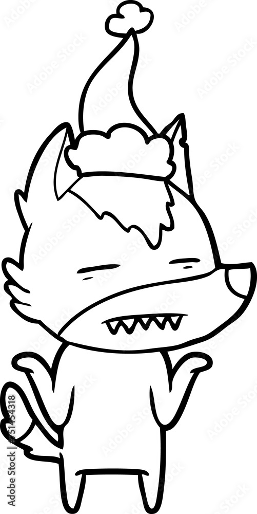 line drawing of a wolf showing teeth wearing santa hat line drawing of a wolf showing teeth wearing santa hat