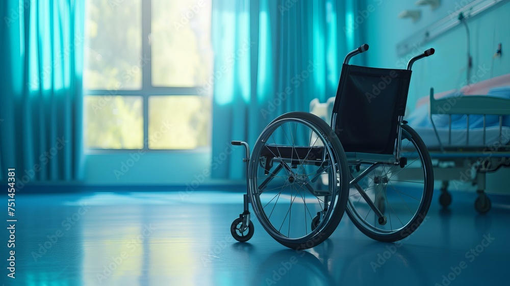 Empty wheel chair in a hospital room interior. Wheelchair in a nursing home, AI Generative