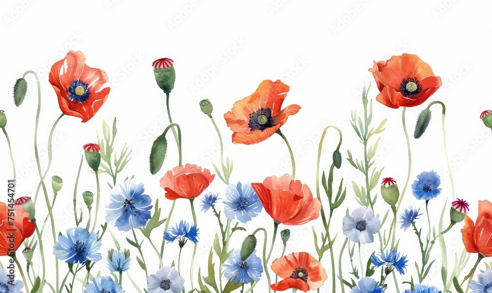 watercolor poppies and cornflowers, white background, bordure print, textile design, --ar 5:3 Job 
