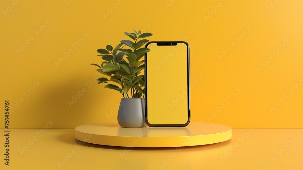 Modern presentation of a mobile application. Mobile phone mockup on a yellow background with a description of the mobile application. Modern, AI Generative Modern presentation of a mobile application. Mobile phone mockup on a yellow background with a description of the mobile application. Modern, AI Generative