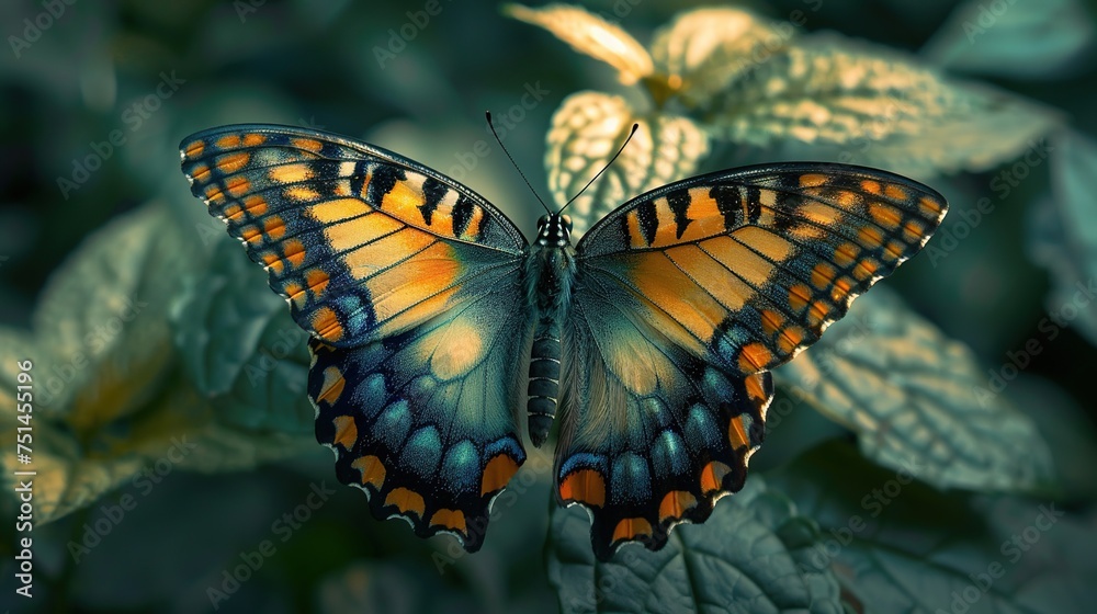 Fototapeta premium close-up photo of a rare butterfly spreading its wings in a shady forest, macro