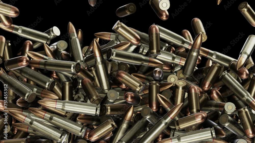 Realistic DOF camera 3D animation of the 7.62 mm assault rifle ammo and 9 mm handgun ammo falling from the top and filling the volume rendered in UHD with alpha matte